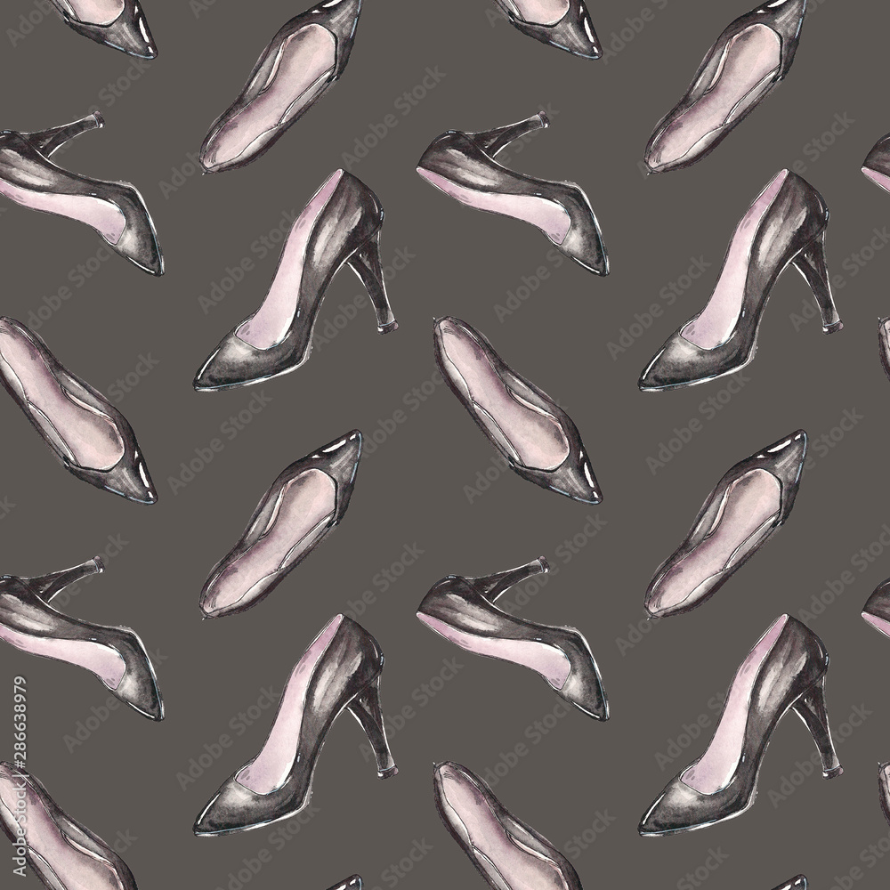 Fototapeta premium Watercolor illustration pattern of cute patent leather pumps. Hand drawn isolated on a dark warm gray background.