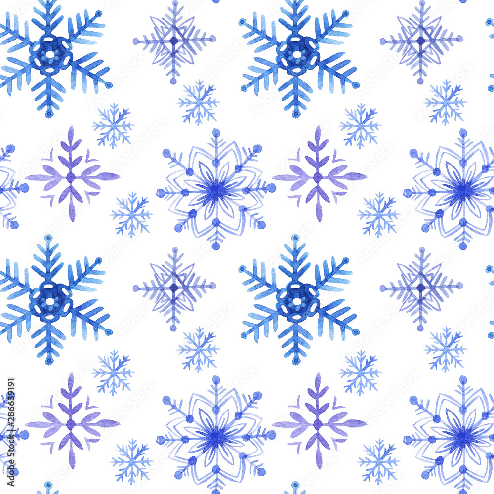 Pattern seamless hand drawn watercolor blu violet freezing snowflakes isolated on white background. Design for seasons greeting cards or gift wrapping, wallpaper. Pattern seamless hand drawn watercolor blu violet freezing snowflakes isolated on white background. Design for seasons greeting cards or gift wrapping, wallpaper.