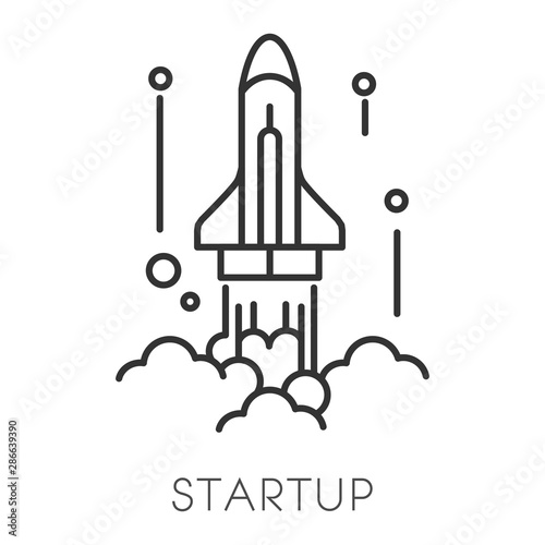 Spaceship launch, startup technology isolated outline icon