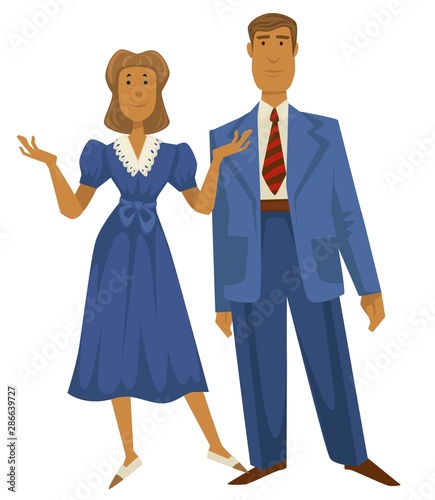 Retro couple, 1940s fashion style, man in suit and woman in dress