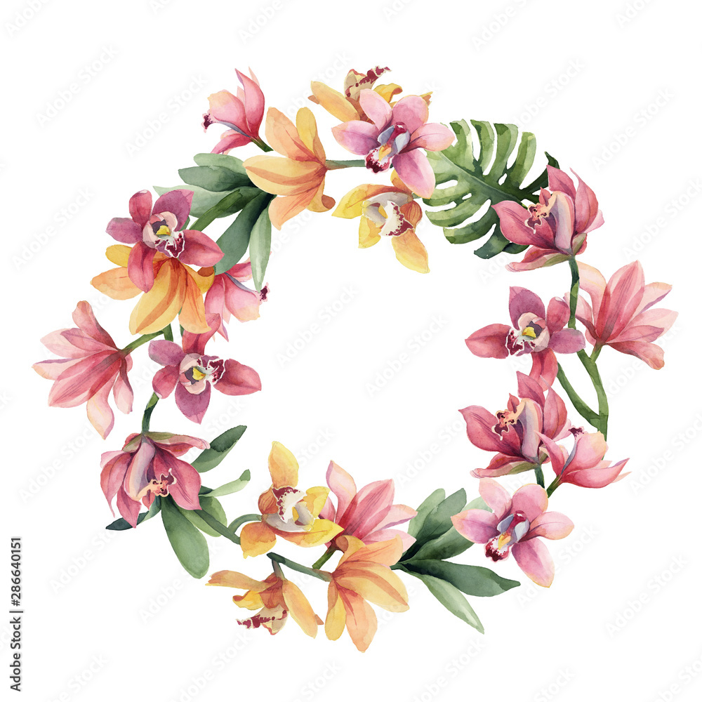 Wreath of yellow, rose orchid flowers and leaves on white background.