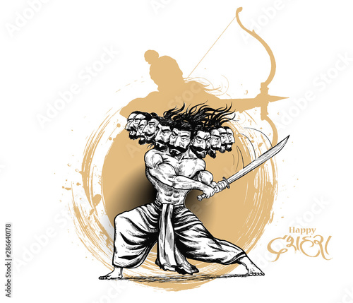 Dussehra celebration - Angry Ravana with ten heads, Hand Drawn Sketch Vector illustration. photo