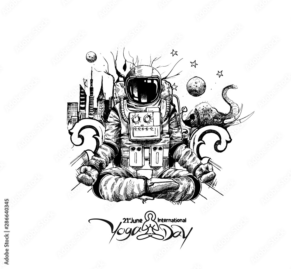 Astronaut in spacesuit yoga gestures , Hand Drawn Sketch Vector illustration.