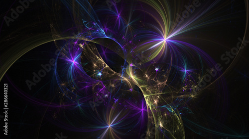 Abstract transparent blue and golden crystal shapes. Fantasy light background. Digital fractal art. 3d rendering.
