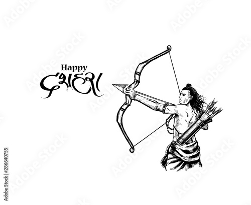 Lord Rama with arrow killing Ravana in Navratri festival of India poster with hindi text Dussehra, Vector illustration.