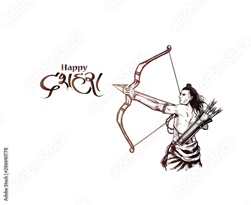 Lord Rama with arrow killing Ravana in Navratri festival of India poster with hindi text Dussehra, Vector illustration.