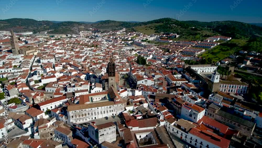 Aerial. Historic Spanish village Jerez de los Caballeros filmed from the sky Aerial. Historic Spanish village Jerez de los Caballeros filmed from the sky