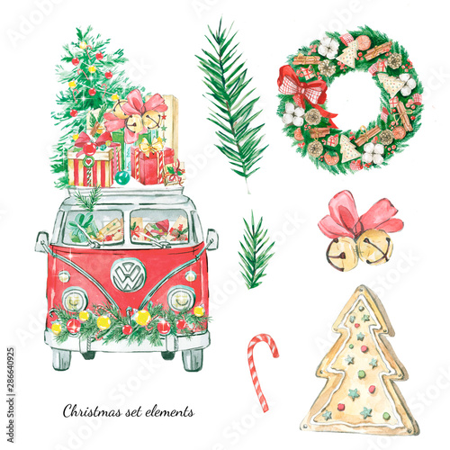 Watercolor Chrisеmas element set. Hand draw buss, tree, toys, Christmas decorations, gift boxes.