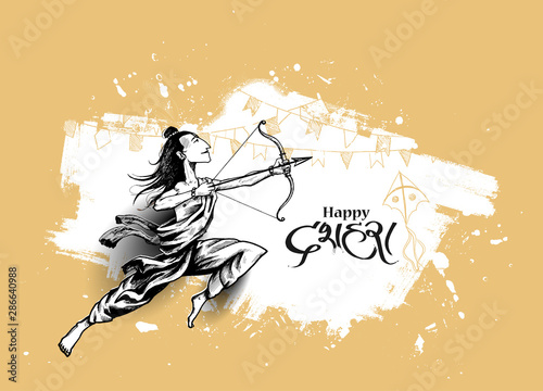 Lord Rama with arrow killing Ravana in Navratri festival of India poster with hindi text Dussehra, Vector illustration.