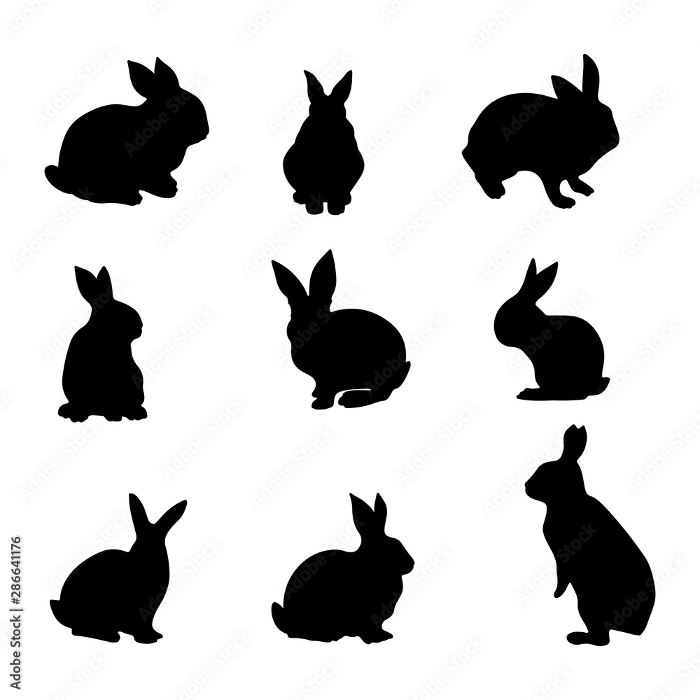 Isolated rabbits on the white background. Animals silhouettes.Vector EPS 10