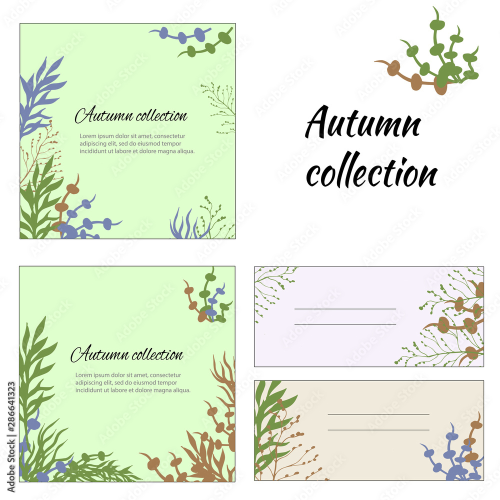 Set of template for text. Autumn plants on a green background. Vector illustration for design presentations, business cards and cards.