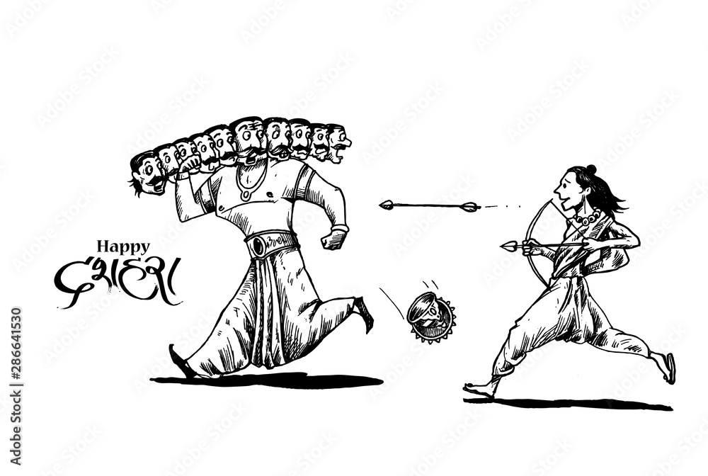 Vecteur Stock Rama killing Ravana with ten heads Happy Dussehra ...