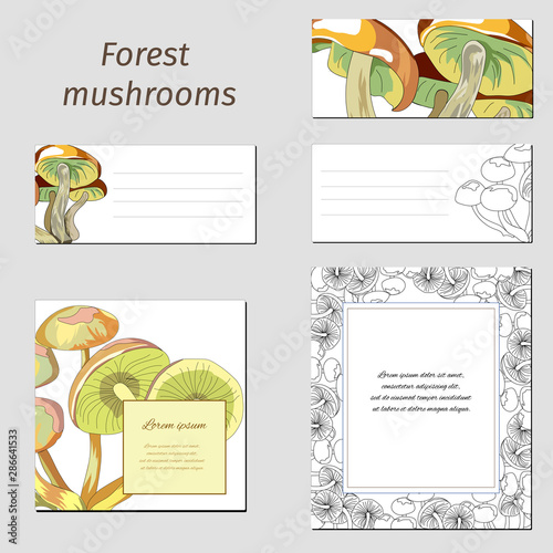 Corporate identity templates with a pattern of mushrooms. Forest mushrooms on a white background for decoration for the modern design of business cards, advertisements, posters, advertisements.