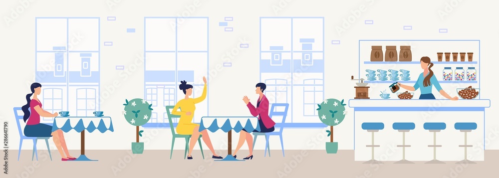 People Resting in Comfortable Cafe Flat Vector