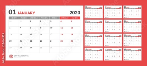 Wall calendar for 2020 year in clean minimal style. Week Starts on Monday. Set of 12 Months.