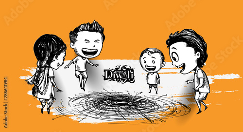 Cute indian kids enjoying firecracker celebrating Diwali, Hand Drawn Sketch Vector illustration.