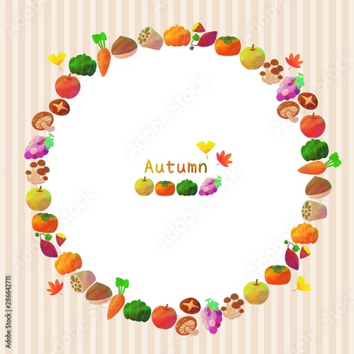秋のフレーム 丸枠 秋野菜 フルーツ 紅葉 水彩風 縦縞 Stock イラスト Adobe Stock