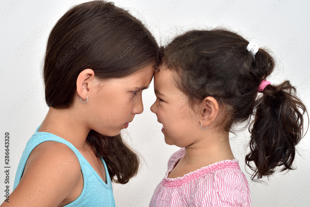 Two angry sisters standing face to face, quarreling and looking at each other Two angry sisters standing face to face, quarreling and looking at each other