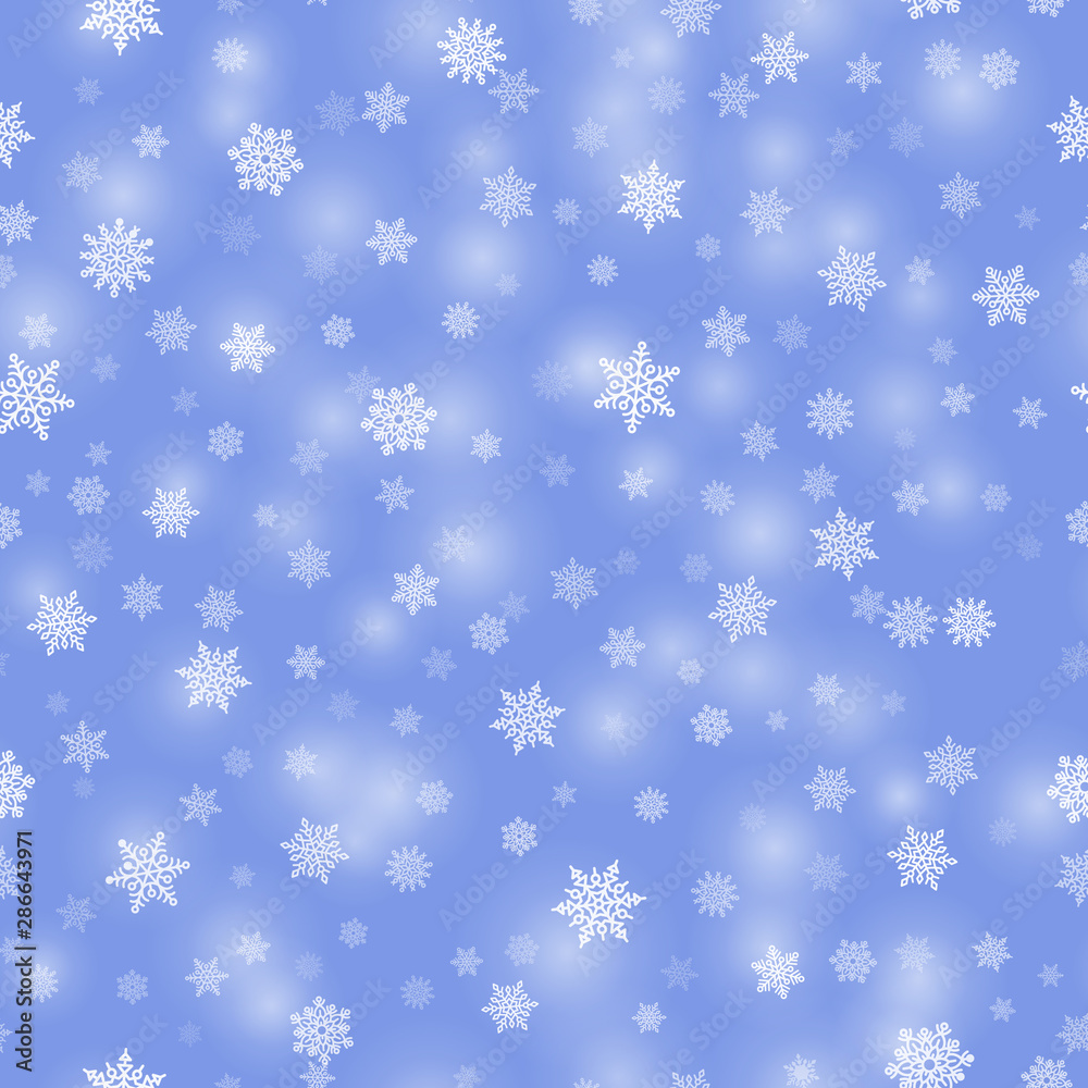 Winter background with white snowflakes on sky blue backdrop. Concept of Merry Christmas and Happy New Year holidays. Realistic snowfall for decoration and covering vector illustration.