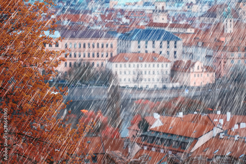 Photography autumn landscape in the czech republic / rain in Prague, red roofs, panoramic vi