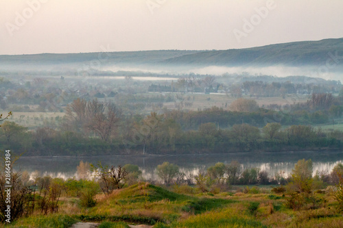morning reeds mist fog and surface on the river © mironovm
