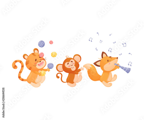 Cartoon tiger  monkey  foxes in the parade. Vector illustration on a white background.