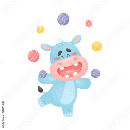 Cartoon hippo juggler. Vector illustration on a white background. © Happypictures