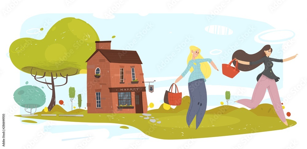 Naklejka premium Grocery Shopping at Local Rustic Market Cartoon