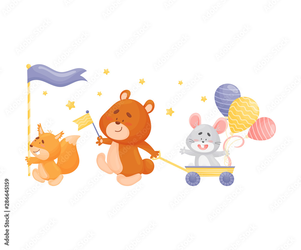 Cartoon squirrel, bear and mouse at the parade. Vector illustration on a white background. Cartoon squirrel, bear and mouse at the parade. Vector illustration on a white background.