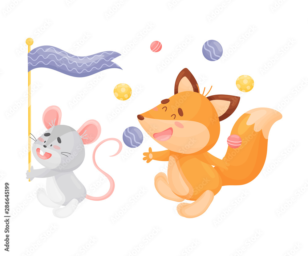 Cartoon mouse and fox in the parade. Vector illustration on a white background.