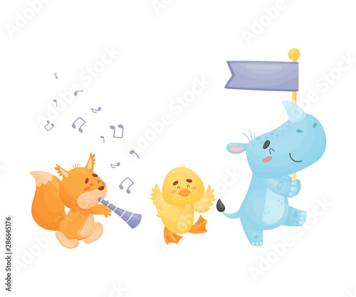 Cartoon squirrel, duckling and rhino at the parade. Vector illustration on a white background.
