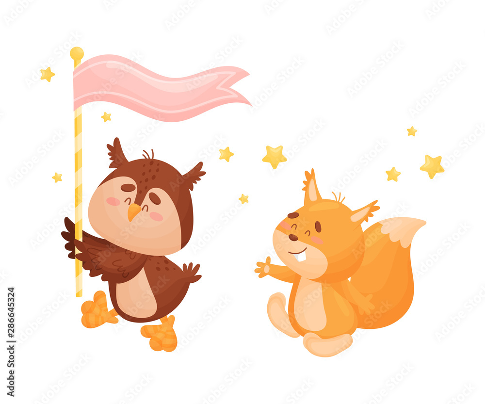 Cartoon owl and squirrel on parade. Vector illustration on a white background. Cartoon owl and squirrel on parade. Vector illustration on a white background.