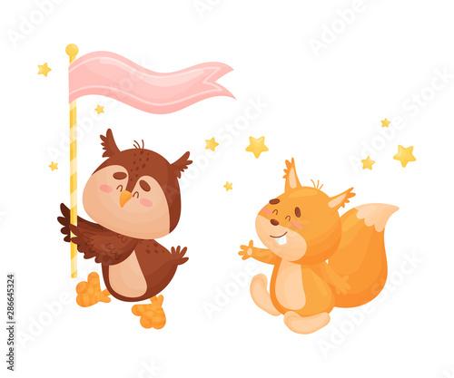 Cartoon owl and squirrel on parade. Vector illustration on a white background.