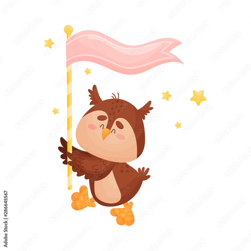 Fototapeta premium Cartoon owl with a flag. Vector illustration on a white background.