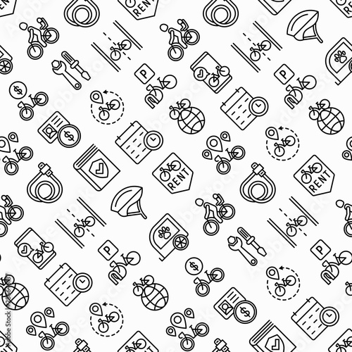 Bike rental seamless pattern with thin line icons: rates, bicycle tours, pet trailer, padlock, helmet, child seat, sharing, pointer, deposit, mobile app, cycling route. Modern vector illustration.