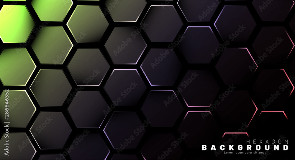 Abstract hexagon gradient colorful light pattern with a dark background technology style. Honeycomb. Vector illustration Abstract hexagon gradient colorful light pattern with a dark background technology style. Honeycomb. Vector illustration