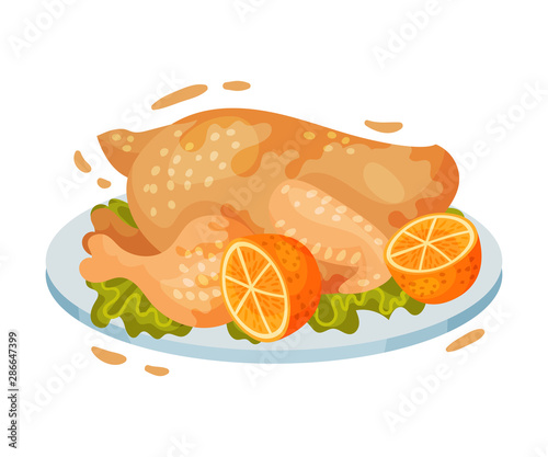 Chicken carcass on a plate. Vector illustration on a white background.