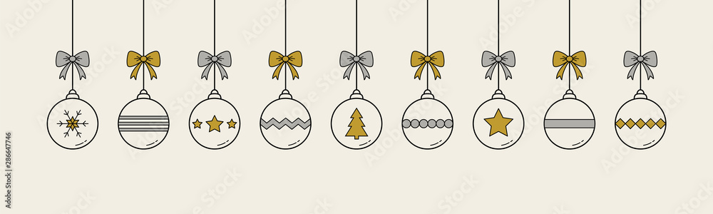 Christmas decoration. Simple baubles on white background. Banner. Vector