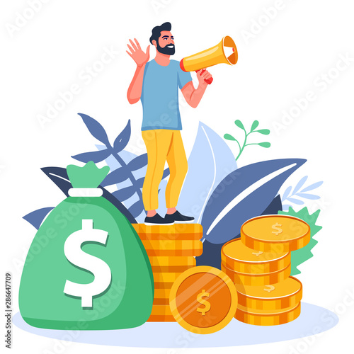 Refer a friend or Referral marketing illustration. Man with a megaphone invites his friends to referral program. Social communication, loyalty program, social media marketing for friends. Vector.