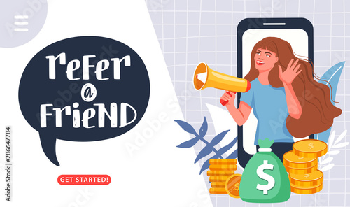 Refer a friend marketing concept. Woman with a megaphone invites his friends to referral program. Social communication, loyalty program for friends. Landing page template. Vector.