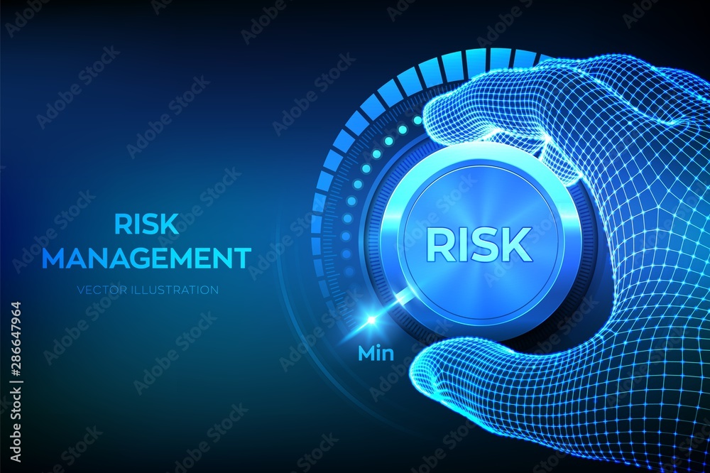 Risk levels knob button. Wireframe hand turning a risk level knob to the minimum position. Risk management business concept. Vector illustration.