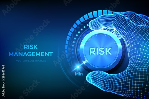 Risk levels knob button. Wireframe hand turning a risk level knob to the minimum position. Risk management business concept. Vector illustration. photo