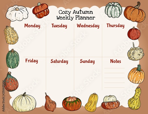 Cozy autumn weekly planner and to do list with trendy pumpkins ornament. Cute template for agenda, planners, check lists, and other stationery