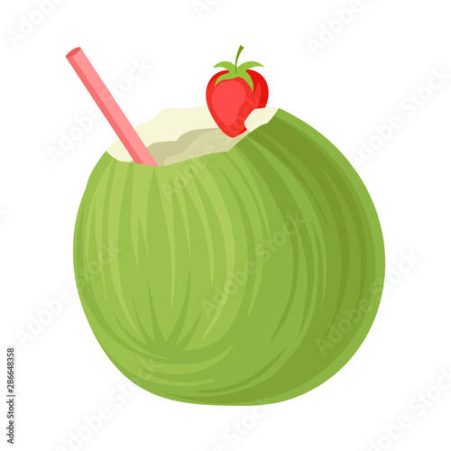 Green coconut with a straw. Vector illustration on a white background.