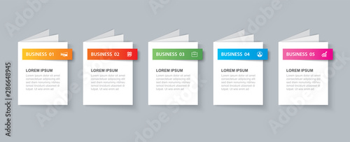 Business infographics book template with 5 data. Can be used for workflow layout, diagram, number options,  web design, presentations