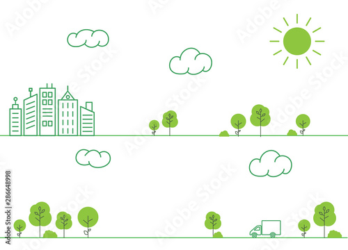 Truck rides on the road among the trees in the city. On the sky clouds and the sun. Eco-friendly green city. Vector Style leinart.