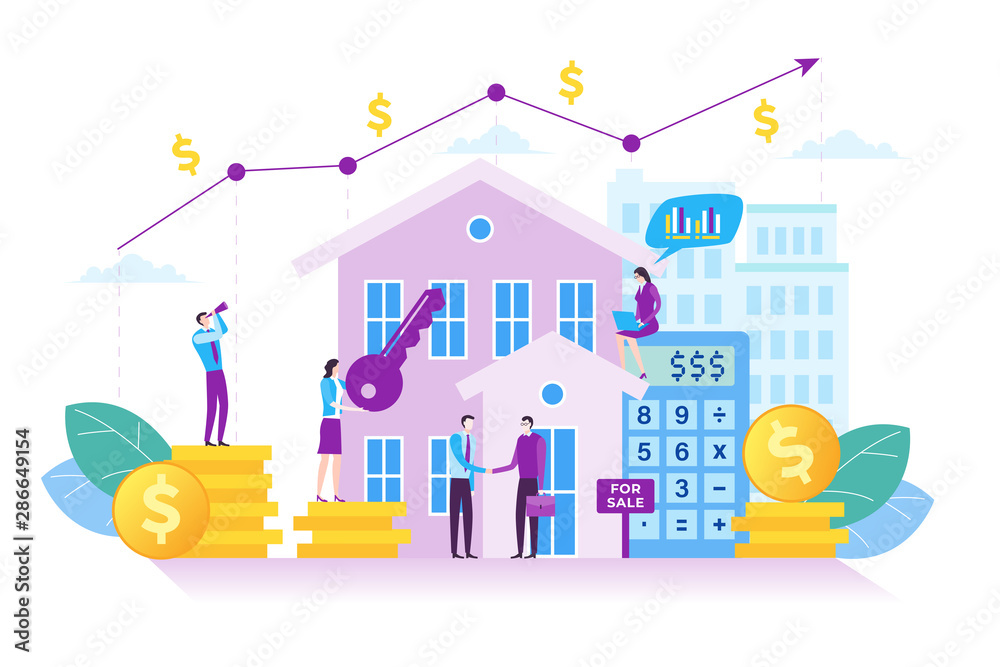 Fototapeta premium Illustration of property investment. Investment growth concept in modern flat design. Illustration for landing page, web page, business presentation, marketing material and infographic