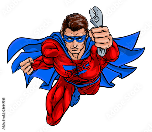 A super mechanic hero or plumber superhero holding a wrench or spanner