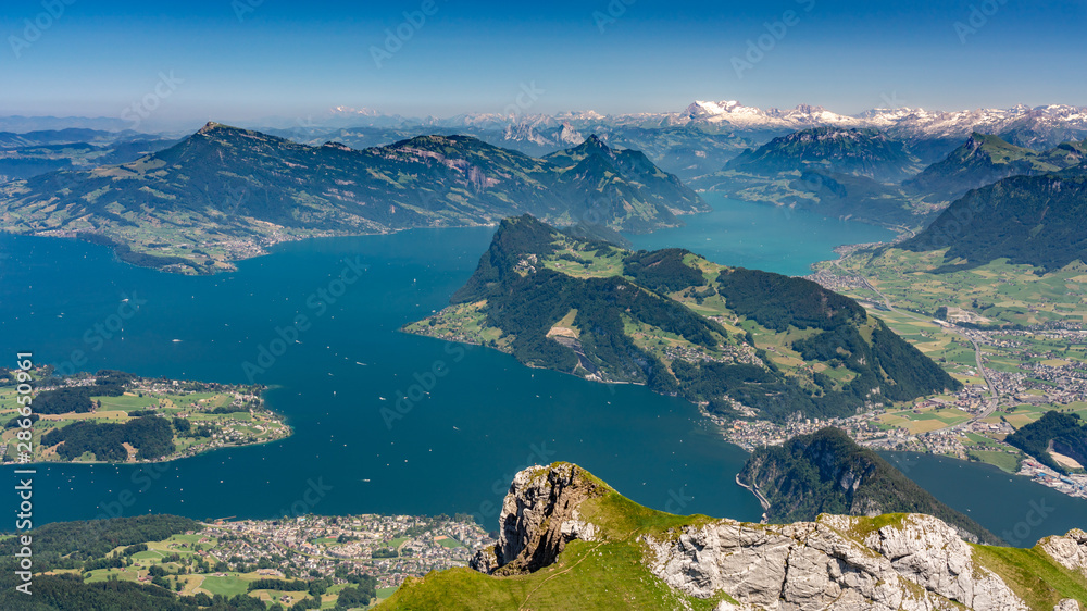 Panorama view on lake Lucerne and Alps from Pilatus mountain