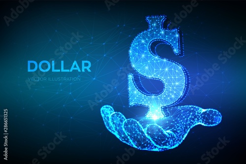 Dollar. Low poly abstract mesh line and point United States Dollar sign in hand. USD currency icon. American currency. Cash and money, wealth, payment symbol. 3D polygonal vector illustration.